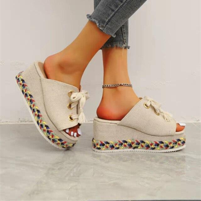 Mode Damen Flip-Flops mit dicken Sohlen Damen Frauen Hausschuhe mit dicken Sohlen Sommer Damen PU Hausschuhe High Heels 41 beige