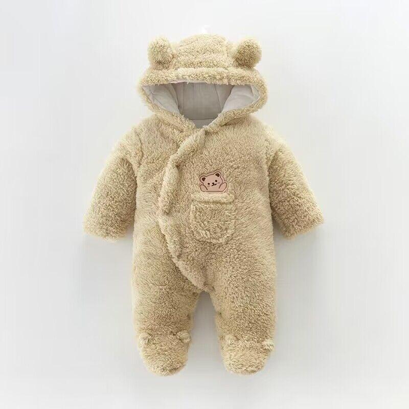 Winter Fleece Dicken Strampler Baby Langarm Overall Herbst Baby Jungen Mädchen Strampler Mit Kapuze Warme Tuch 73 beige
