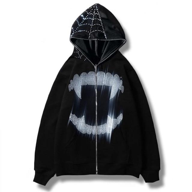 Strass Reißverschluss Übergroßes Sweatshirt Herbst Goth Hoodie Herren Damen Grunge Kapuzenjacke Streetwear M