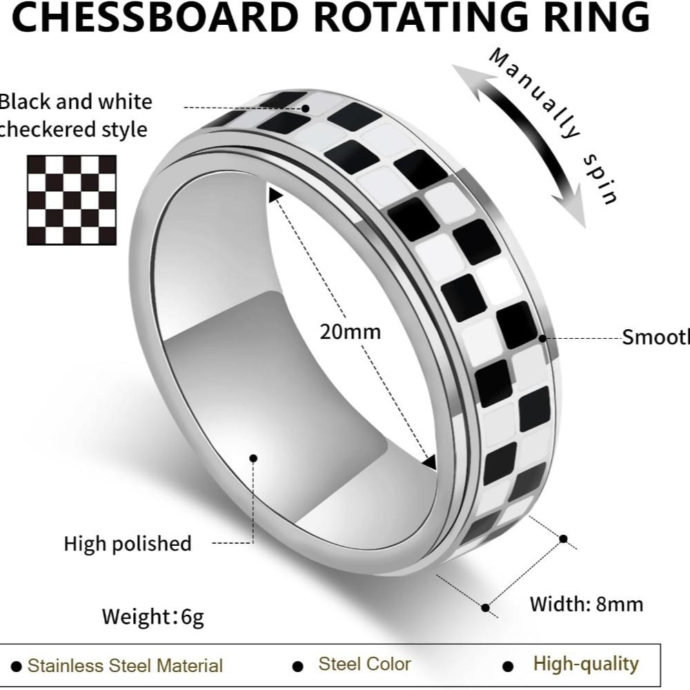 Edelstahl karierte Fidget Spinner Ringe Schwarz-Weiß-Schachbrett Drehbarer Ring zur Stressbewältigung Spinner Schmuck 9