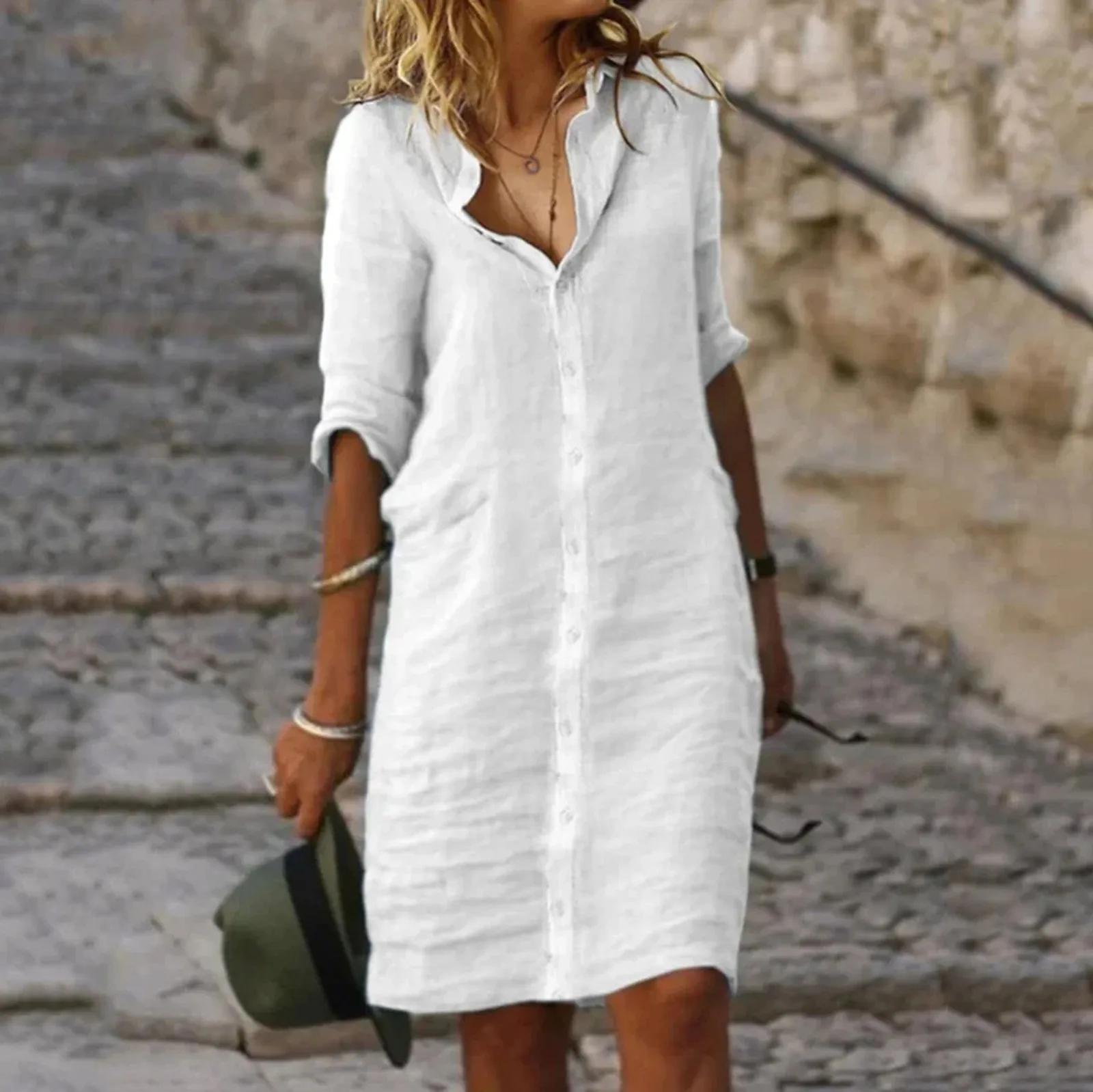 Sommer Baumwolle Leinen Hemd Kleid Frauen Taste Halbe Hülse Casual Mini Kleider Frauen Elegante Lose Strand Party Kleider Vestidos XL weiß