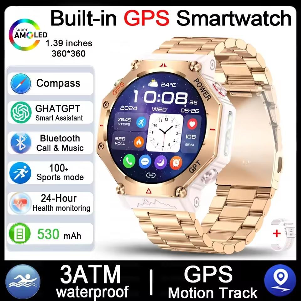 Herren Outdoor Sport Smartwatch KC91 Kompass Höhe Luftdruck Großer Akku Taschenlampe BT Anruf Fitness Tracker Smartwatch steel gold