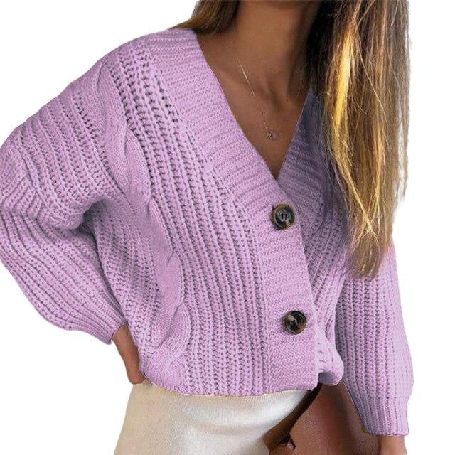 Cardigan Damen Pullover Knopf V-Ausschnitt Locker Herbst Winter Zopfknopf Kordel Cardigan Pullover Damen Mode M violett