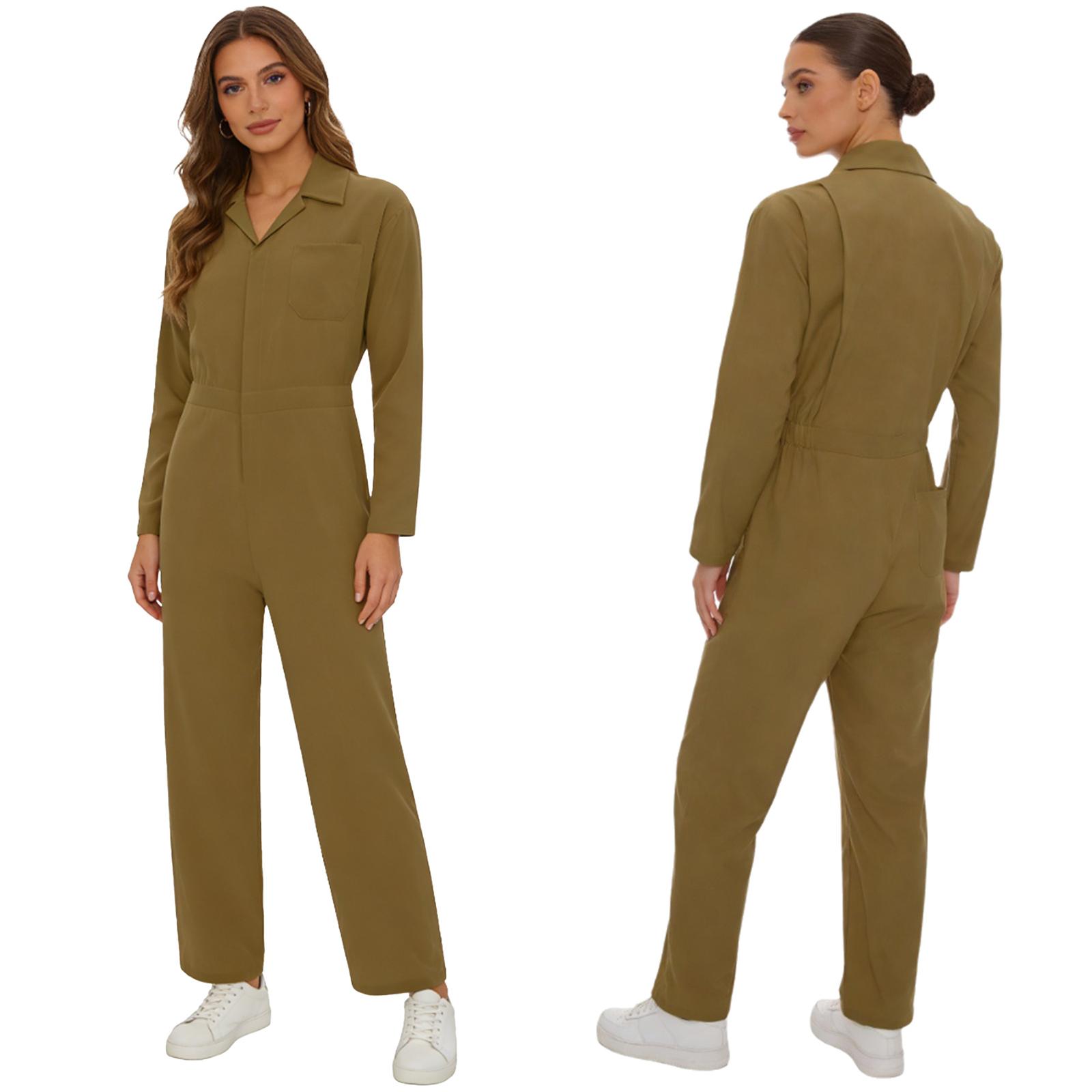 Damen Vollkörper Langarm Umlegekragen Reißverschluss Overall Arbeitskleidung Jumpsuit 3XL khaki