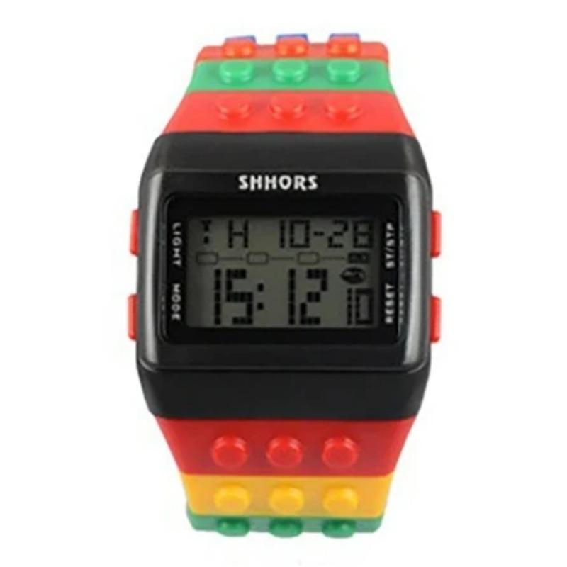 Herren- und Damenuhr Trendige Regenbogen-Bausteine Studenten-Armbanduhr Multifunktionale LED Wasserdichte Elektronische Sportuhren black