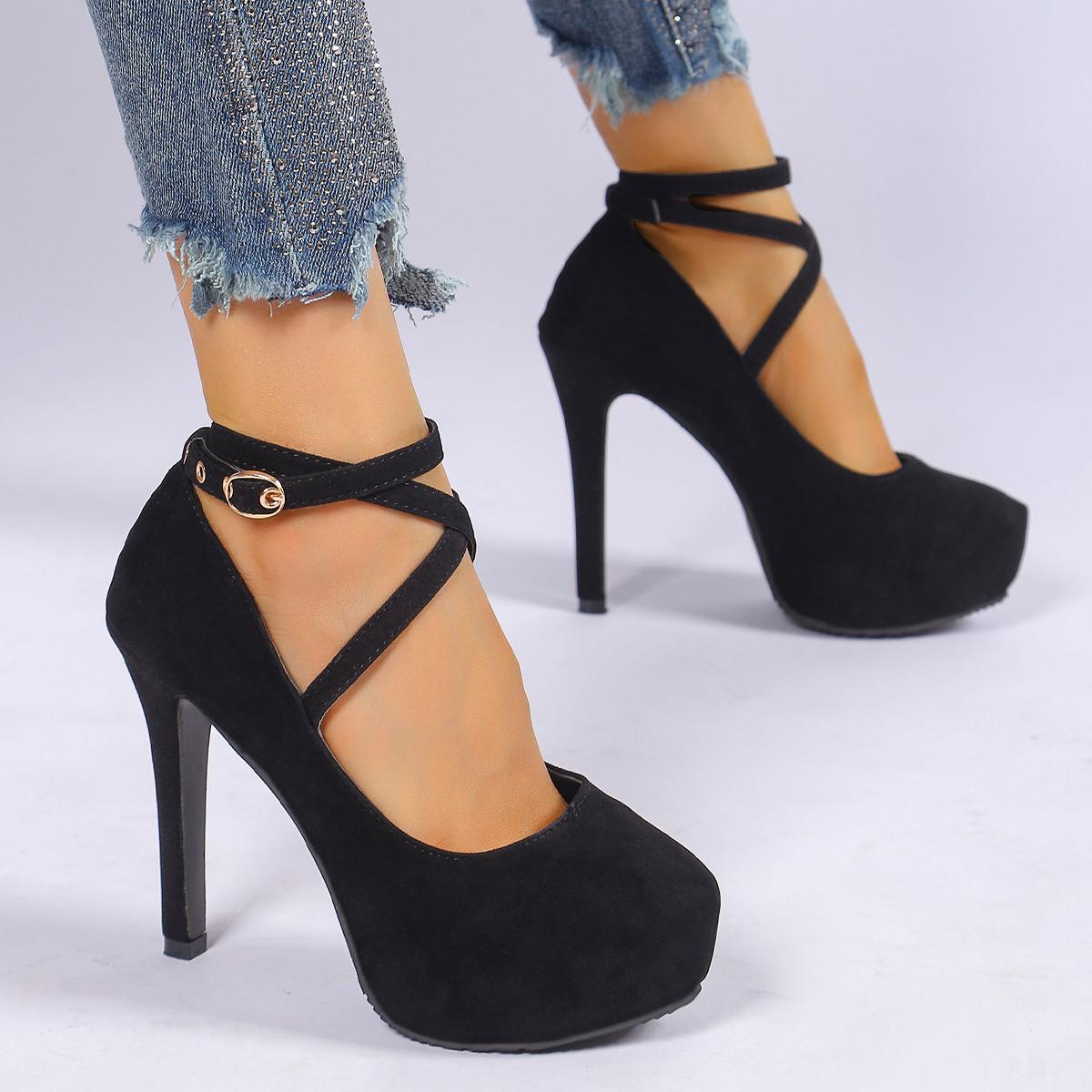 Mode Damen Pumps 2024 Neu Sommer Sexy High Heels Frau Plateau Mode Knöchelriemen High Heels Schuhe Luxus Elegant Partyschuhe 39 schwarz