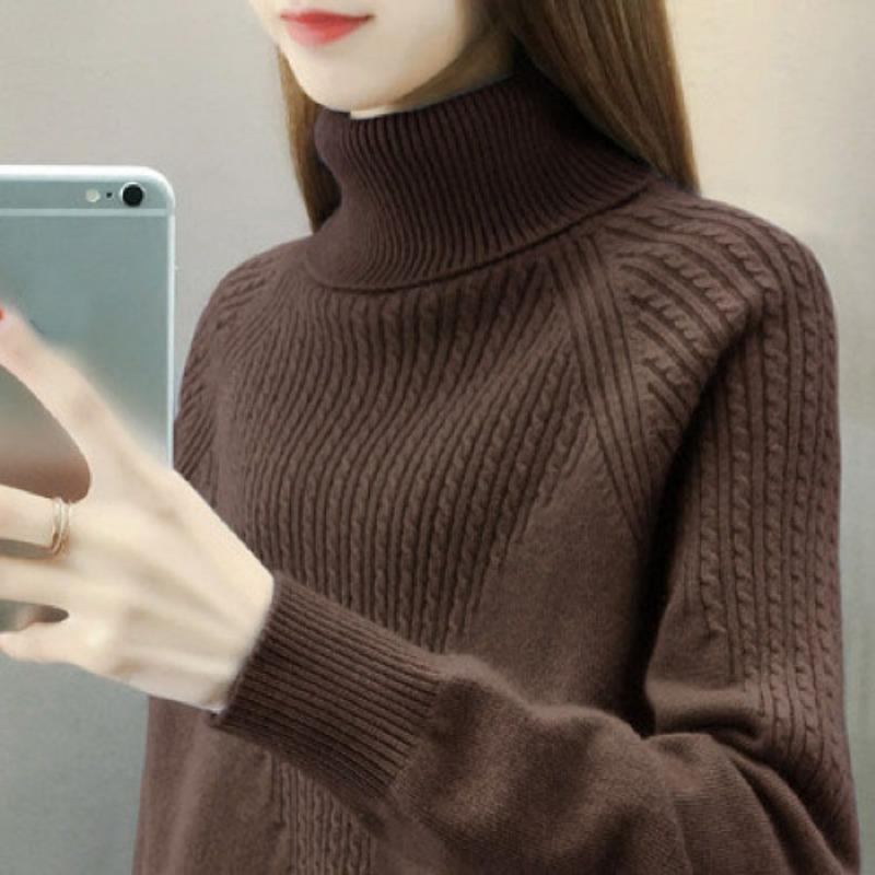 High Neck Pullover Pullover Frauen 2023 Lose Herbst/Winter Frauen Unterlage Langarm Solide Strick Pullover Pullover Weibliche One Size dunkelbraune