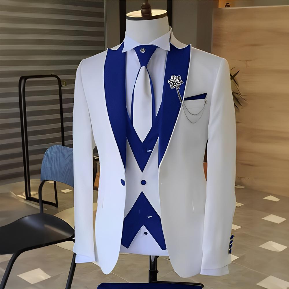 Kostüm Weiß Herren Anzüge Schwarzer Spitzaufschlag Hochzeits Smoking Terno Masculino Abschlussball Bräutigam 3-teilige Schmale Passform Blazer-Sets für Herren XXXL blau