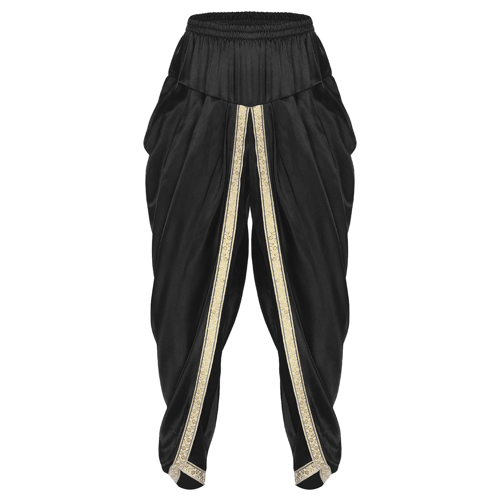 Herren Traditionelle Dhoti-Hose Satin Stoff Elastischer Bund Drapierter Stil Weite Hose Kulturelles Kostüm S schwarz