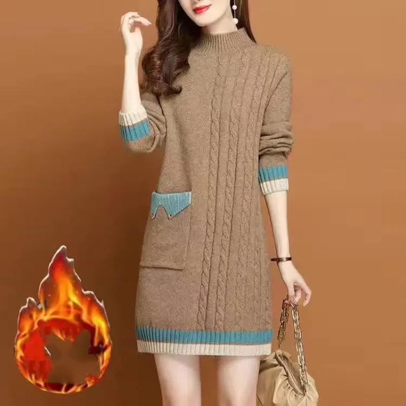 Damen Herbst Winter Dicke Mittellange Pendeln Lose Halb Hoher Kragen Patchwork Tasche Knopf Strickpullover Kleider XL