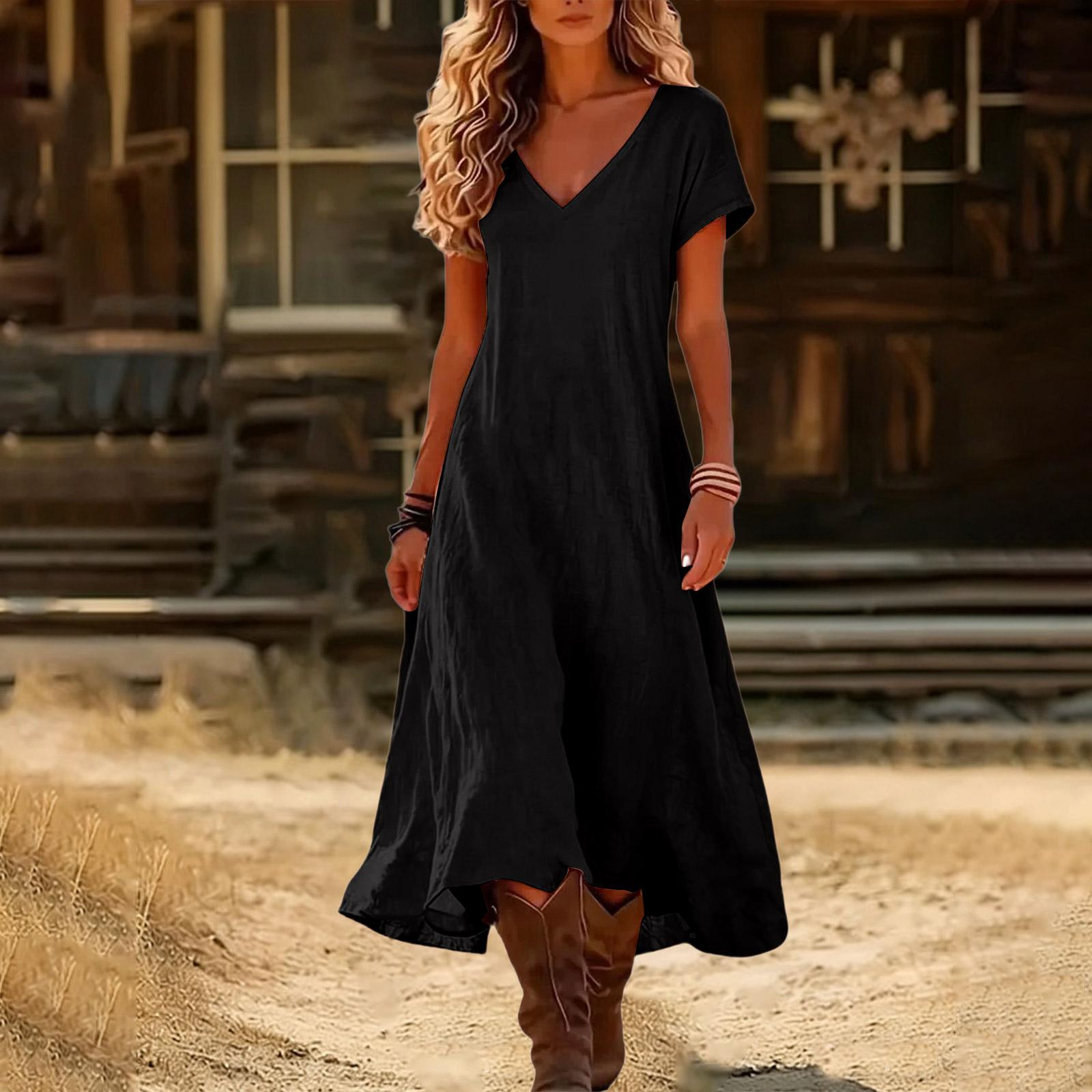 Boho-Kleider für Damen 2026 V-Ausschnitt Kurzarm-Sonnenkleider für Damen Sommerkleider für Damen Lässiger Lockerer Schnitt XXL schwarz