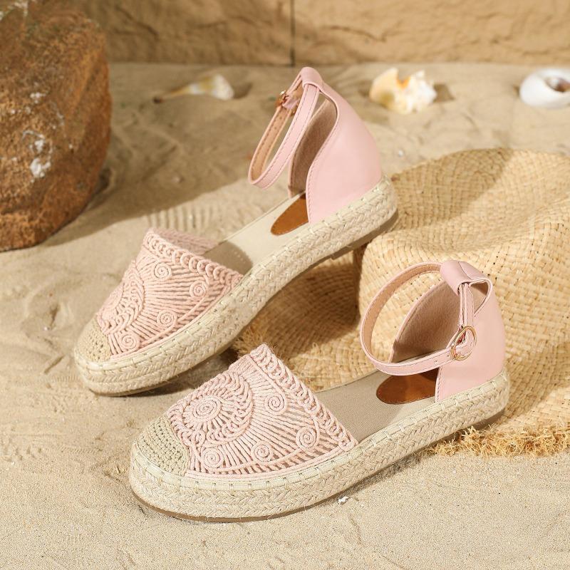 Sommer Vintage Ballerinas Hanfseil Sohle Sandalen Damen Bequeme Sandalen Damen Fischer Sandalen Sandalias 39EU/CN40 rosa