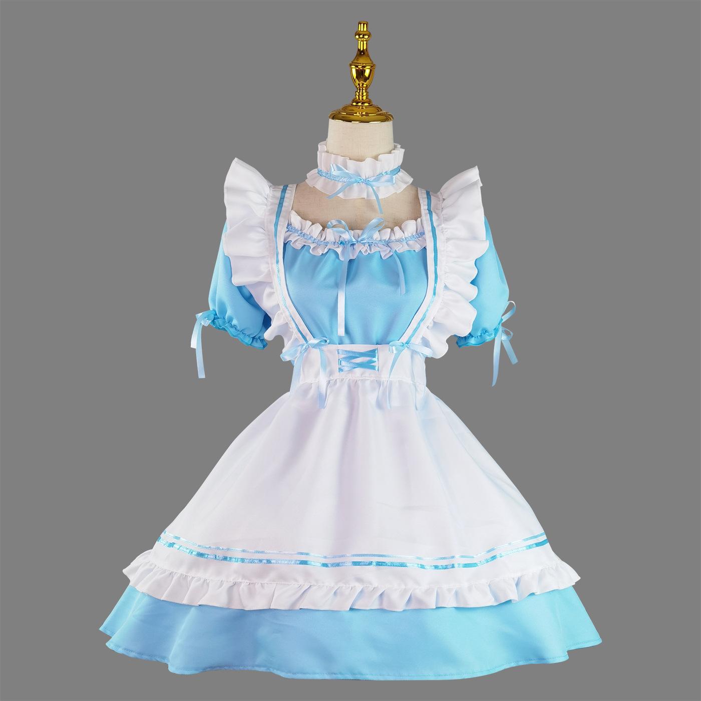 Neues Damenmode-Dienstmädchen-Outfit-Kleid, Cosplay-Kostüm, Schleife, niedlicher Puppenkragen, Lolita-Kleider, kurze Ärmel, Vestidos, Lolita-Robe, Ballkleid-Kostüm M blau