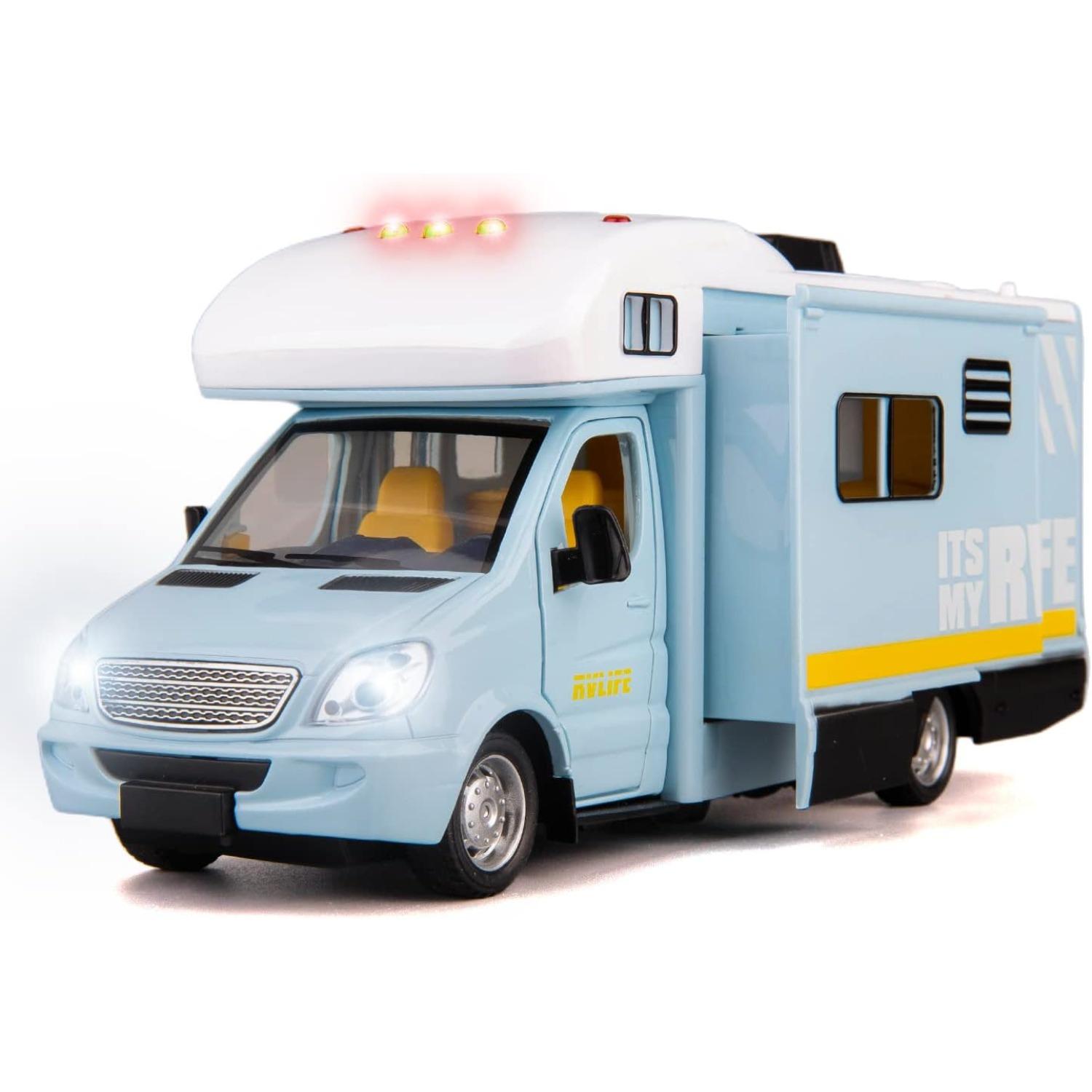 1/32 Spielzeug-Wohnmobil, Wohnmobil, Spielzeug für Jungen und Mädchen, Druckguss-Modellauto, Rückziehauto mit Ton und Licht, Geschenksammlung für Kinder 1/32-Size:21.5*7.5*9.5cm blau