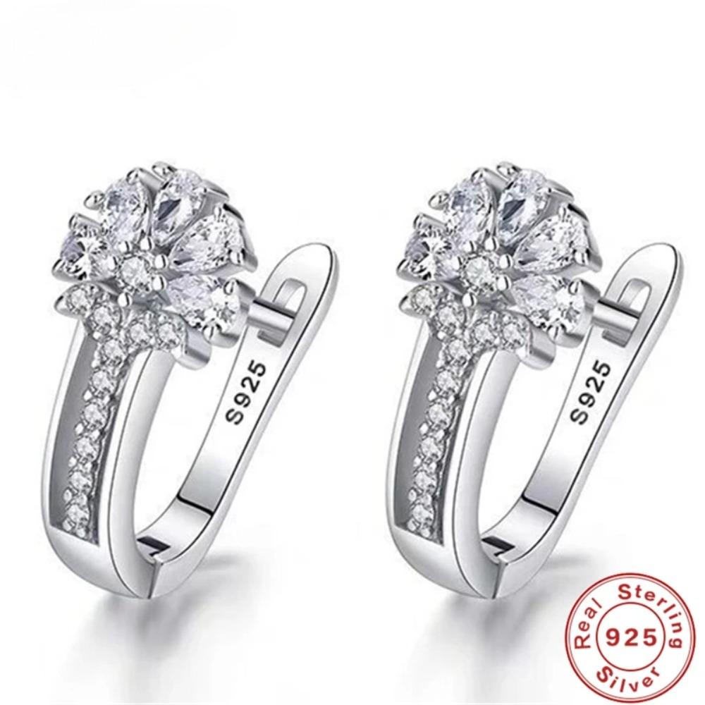 Feiner Schmuck 925 Sterling Silber Ohrringe Eingelegt mit Zirkonkristall Blumenohrringe Charm Schmuck für Frauen Geschenk Verlobung Wed