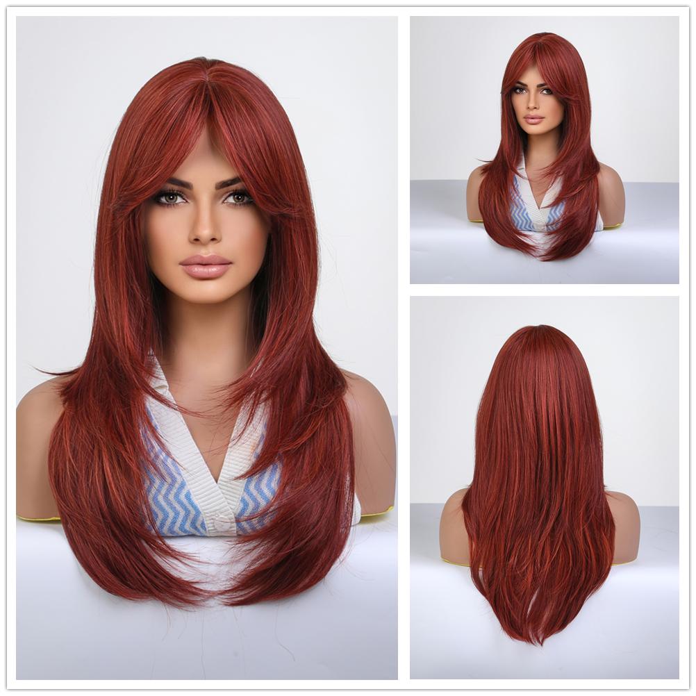 Lange gestufte blonde Ombre Perücke schulterlang mit Pony Hitzebeständig Synthetikperücke für Damen Tägliche Anwendung KTB brown