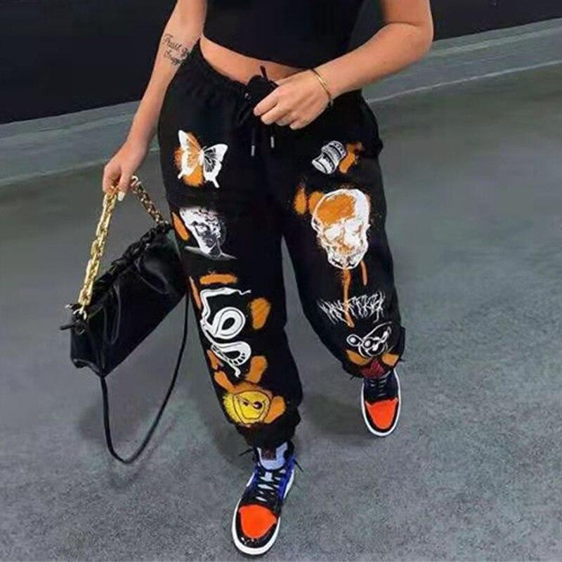 InstaHot Frauen Sweat Hose Harajuku Cartoon Gedruckt Hosen Jogger 2021 Kordelzug Cargo Pant Streetwear Casual Sweatpant Herbst XL schwarz