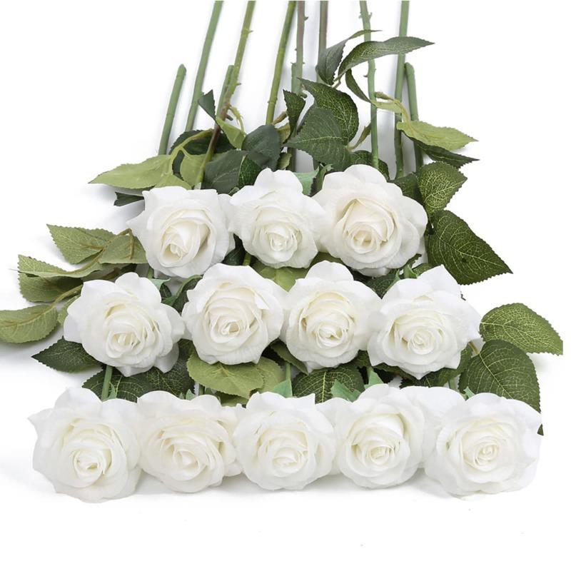 12 Stück Rosen, künstliche Blumen, große Rosen, gefälschte Blumenarrangements, Blumenstrauß für Zuhause, Hochzeit, Party, Garten, Brautdekoration weiß