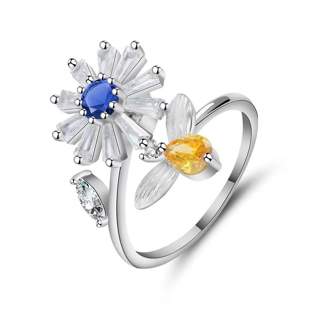 SMJEL Fidget Spinner Ring Angst für Frauen Mehrere Kristall Blume Auge Schmetterling Tier Ring Drehen Anti Stress Hochzeit Schmuck resizable white
