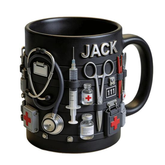 Personalisierte Tasse mit medizinischem Thema ER Jack Ersthelfer 3D Medizinische Instrumente Tasse Schwarze Keramik Kaffeetasse für Ärzte Krankenschwestern Praktisches Geschenk 1pc