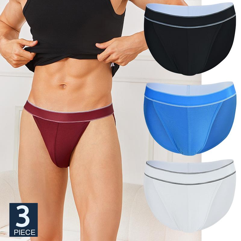 FINETOO 3 Stück/Set Herren Nahtlose Slips Hüfttief Sexy Unterwäsche Streifen Atmungsaktiv U-Konvex Beutel Unterhosen Bikini Herren Slips 1XL&Set blue