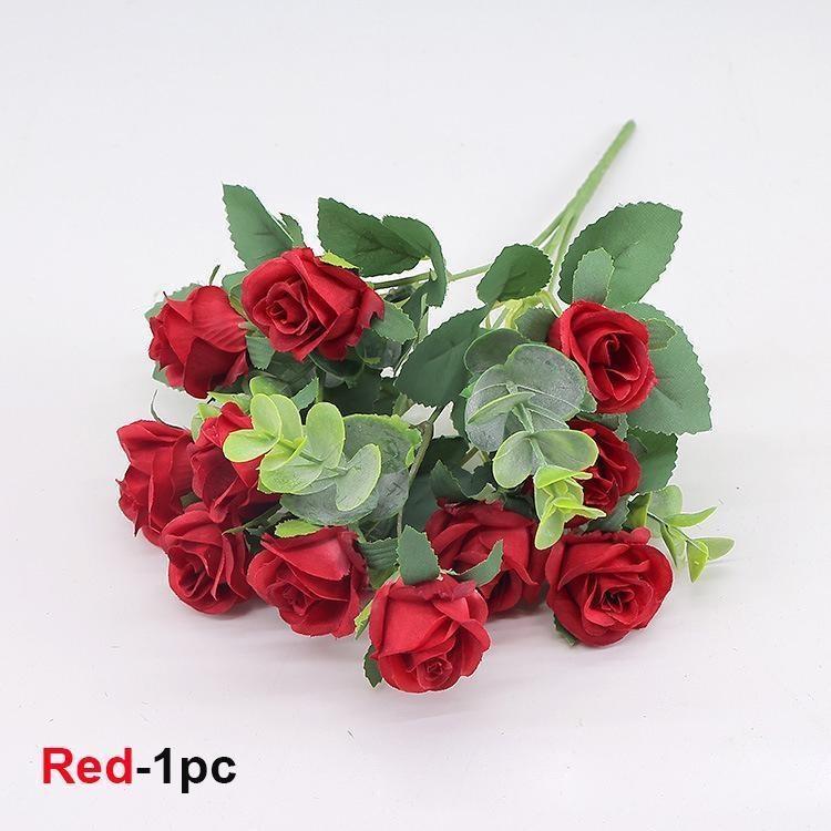 Künstliche Blumen mit 10 Köpfen, Seidenrose, rote Eukalyptusblätter, Pfingstrosenstrauß, künstliche Blumen für Hochzeit, Tisch, Party, Vase, Heimdekoration rot