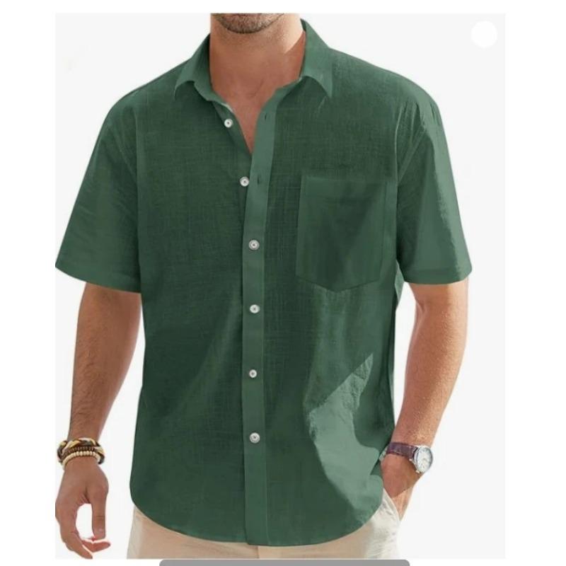 Herren Sommer Neuer Stil Europäische und Amerikanische Mode Klassisch Bequem Atmungsaktiv Baumwolle und Hanf Einfarbig Top Hemd XXXL dunkelgrüne