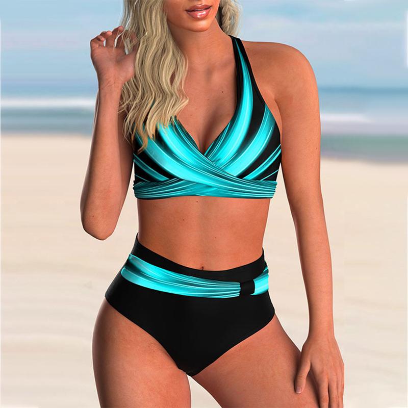 Frauen Plus Größe Badeanzug Hohe Taille Bikini Bademode Weibliche Zwei Stück Bademode Gedruckt Bikinis Set Badeanzug M blau