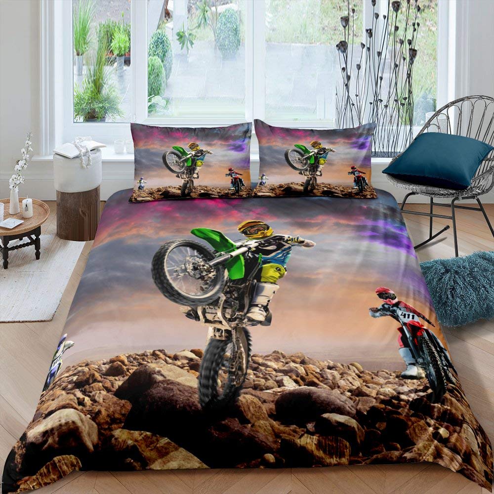 Motorrad Bettbezug Set Einzelgröße Motocross Fahrer Bettwäsche Set Rennmotorrad Dirtbike Extremsport Polyester Steppdeckenbezug 70x133cm 2pcs gray