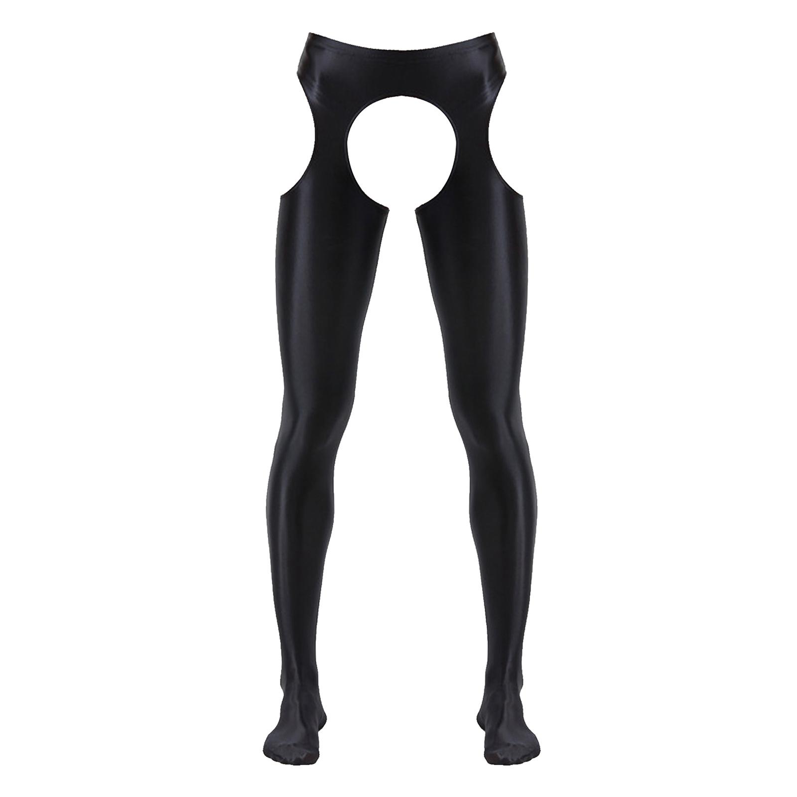 Herren Glänzende Mid-Waist Strumpfhose Elastischer Bund Schrittloser Ausschnitt Skinny Leggings Transparent Clubwear Strumpfhose XL