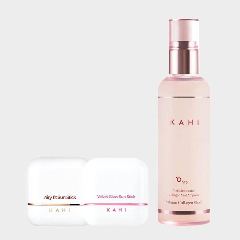 KAHI Airy Fit Sun Stick LSF50+ 14g + Velvet Glow Sun Stick LSF50+ 13,5g + Kollagen-Nebel-Ampulle 120ml (3er-Set)