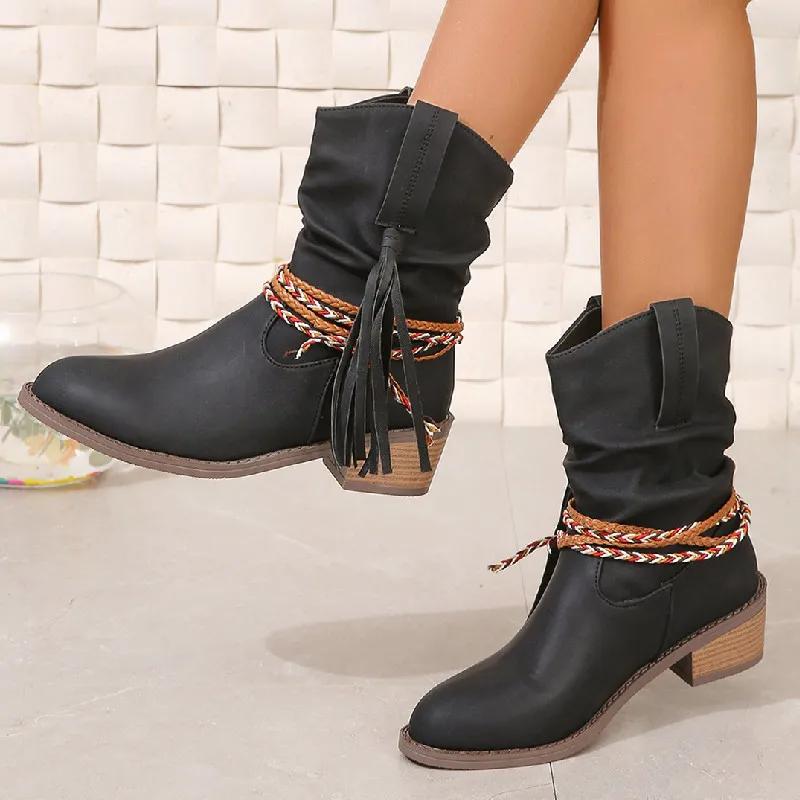 Mode Damen Retro Kurze Stiefel Herbst Winter Neu Western Cowboy Mode Bequeme Mittelhohe Absatzstiefel Outdoor Reise Freizeit Schuhe 40 schwarz