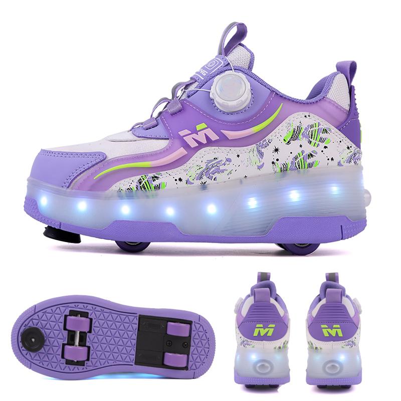 Kinder/Jugendliche Jungen und Mädchen Deformierte Schuhe Vierrädrige Doppelzweck-Rollschuhe Wiederaufladbare und Abnehmbare Leuchtende Sportschuhe 37 violett