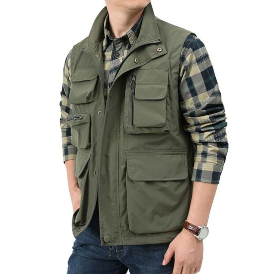 Outdoor-Weste, mehrere Taschen, locker, einfarbig, ärmellos, weich, wasserdicht, atmungsaktiv, Outdoor-Weste in Übergröße für Ausflüge L armee grüne