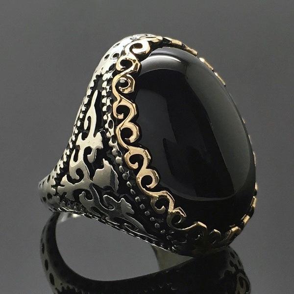Solide S925 Sterling Silber Natürlicher Schwarzer Topas Edelstein Ring Für Frauen Männer Anillos De Silber 925 Schmuck Obsidian Edelsteine ​​Box 10 farbe: antik silber