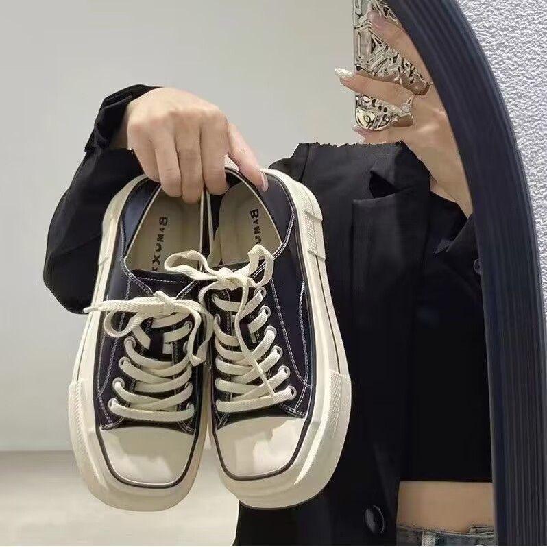 Canvas Schuhe Damen Frühling Neu Vielseitig Dicksohlige Erhöhung Kleine Weiße Schuhe Lässige Board Schuhe Cookie Schuhe 40 schwarz