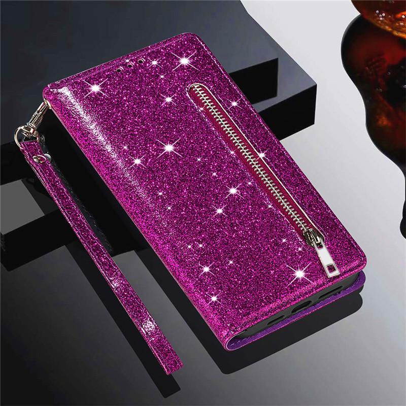 Glitzer Leder Hülle für Samsung Galaxy S26 S25 S24 Ultra S23 FE S22 S21 S20 S10 Plus Reißverschluss Flip Wallet Handyhülle Galaxy S24 Plus violett
