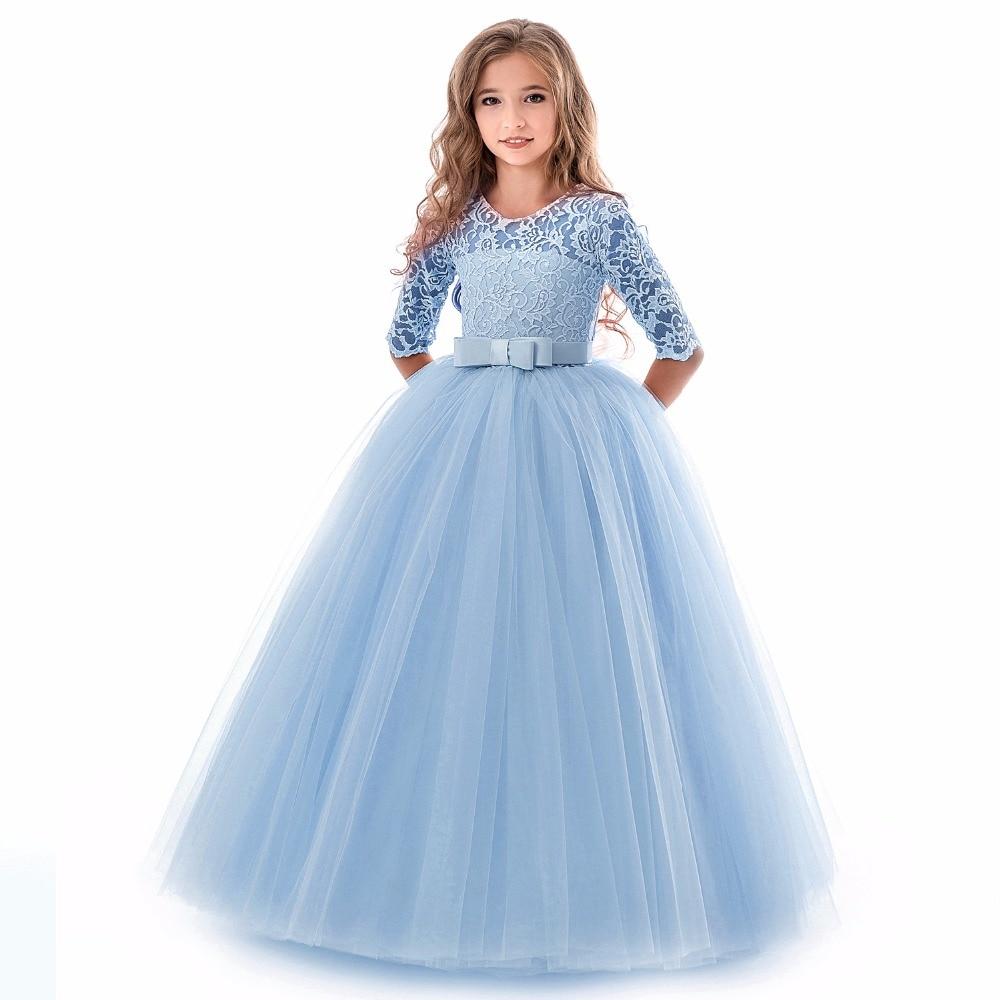 Sommer Langarm Mädchen Party Kleid Hochzeit Kleid Kinder Kleider Für Mädchen Kinder Abend Spitze Prinzessin Kleid 160cm himmelblaue