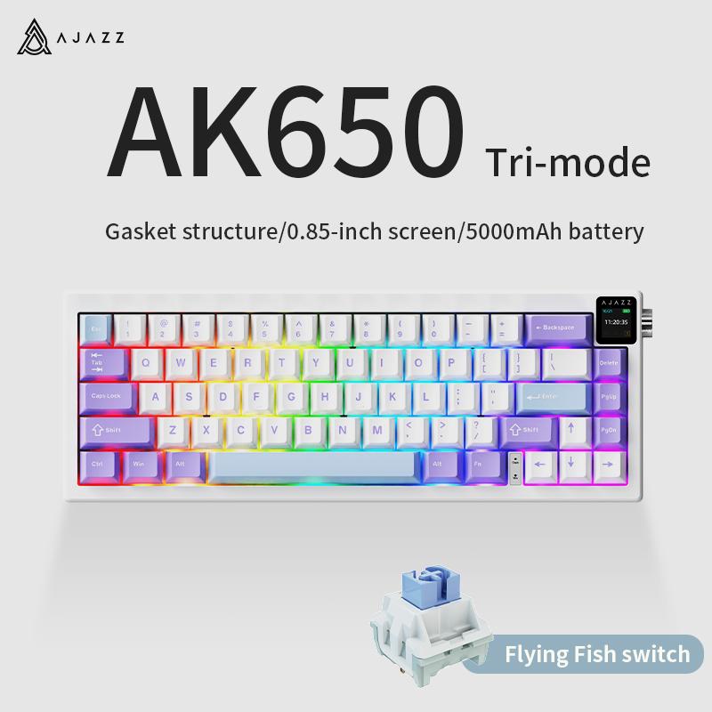 Ajazz AK650 Gaming-Tastatur, kabellos, Bluetooth, mit Bildschirm, vollständige Tasten, Hot-Swap, Gaming, Büro Blue Switch weiß/violett