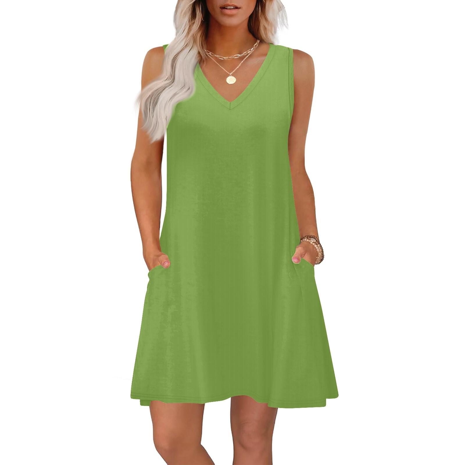 Sommerkleider für Damen, lockere Passform, einfarbig, V-Ausschnitt, ärmellos, Sommerkleider, Strand, Hawaiikleid mit Taschen L grün