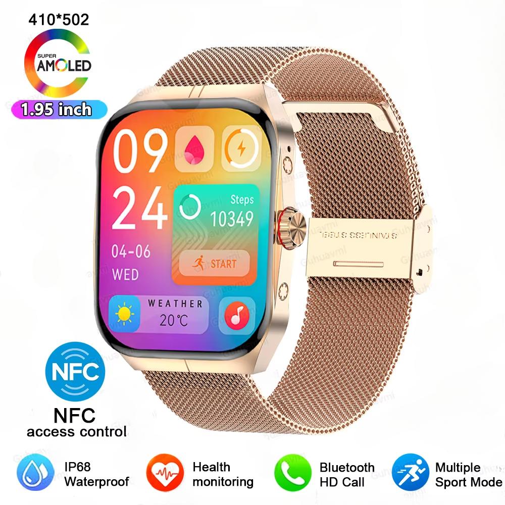 2025 Neue NFC Smartwatch AMOLED Bildschirm Zeigt immer die Zeit Bluetooth Anruf Serie 9 Uhr Benutzerdefiniertes Zifferblatt Herren Sport Gesundheit Damen Smartwatch Mesh Belt gold