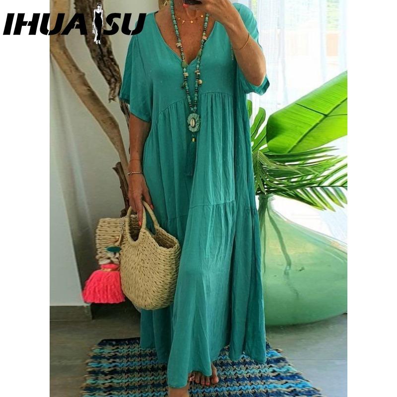 IHUASU Damen Sommer Mode Einfarbig V-Ausschnitt Übergröße Kleid Locker Lang Übergroß Lässig Kurzarm Kleid XL grün