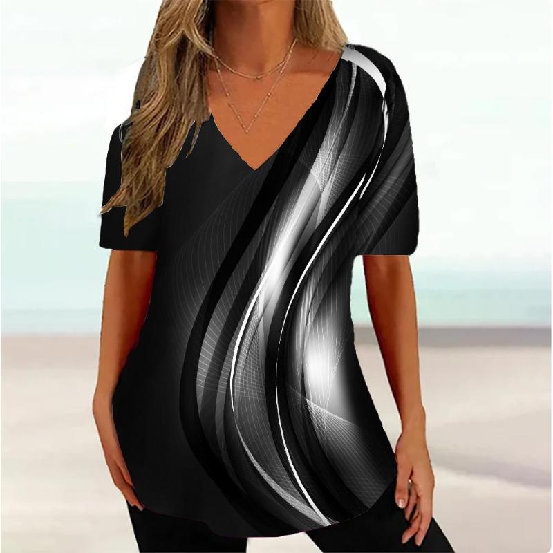 Damen T-Shirt mit 3D-Wellen-Kurve, modisch, V-Ausschnitt, Sommer, kurzärmelig, lose, Streetwear, Damenkleidung, lässiges T-Shirt für Damen 8XL