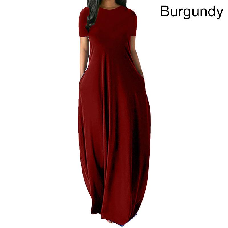 Frauen Casual Lose O-ansatz Lange Kleider Kurzarm Sommer Strand Kleid Elegante Abend Party Kleid XL bordeaux