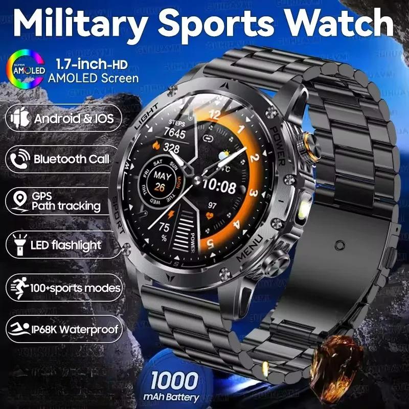 2026 Neue 1000mAh Super-Kapazitäts-Batterie für Erwachsene Männer Smartwatch 1,7-Zoll Großer Bildschirm Bluetooth-Anruf IP68 Wasserdichte SmartWatch Sport Steel Tape schwarz