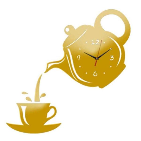 3D-Wanduhr, Acryl-Spiegel, Kaffee-Teekanne, Wanduhr-Aufkleber, moderner Stil, rahmenlose Uhr, Heimbüro, Hotel-Dekoration gold