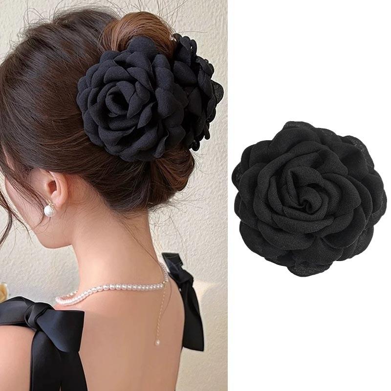 Elegante Stoff Rose Blume Haar Krallen Frauen Französisch Große Haar Clip Krabben Klemme Mode Kopfbedeckungen Shark Clip Mädchen Haar Zubehör schwarz