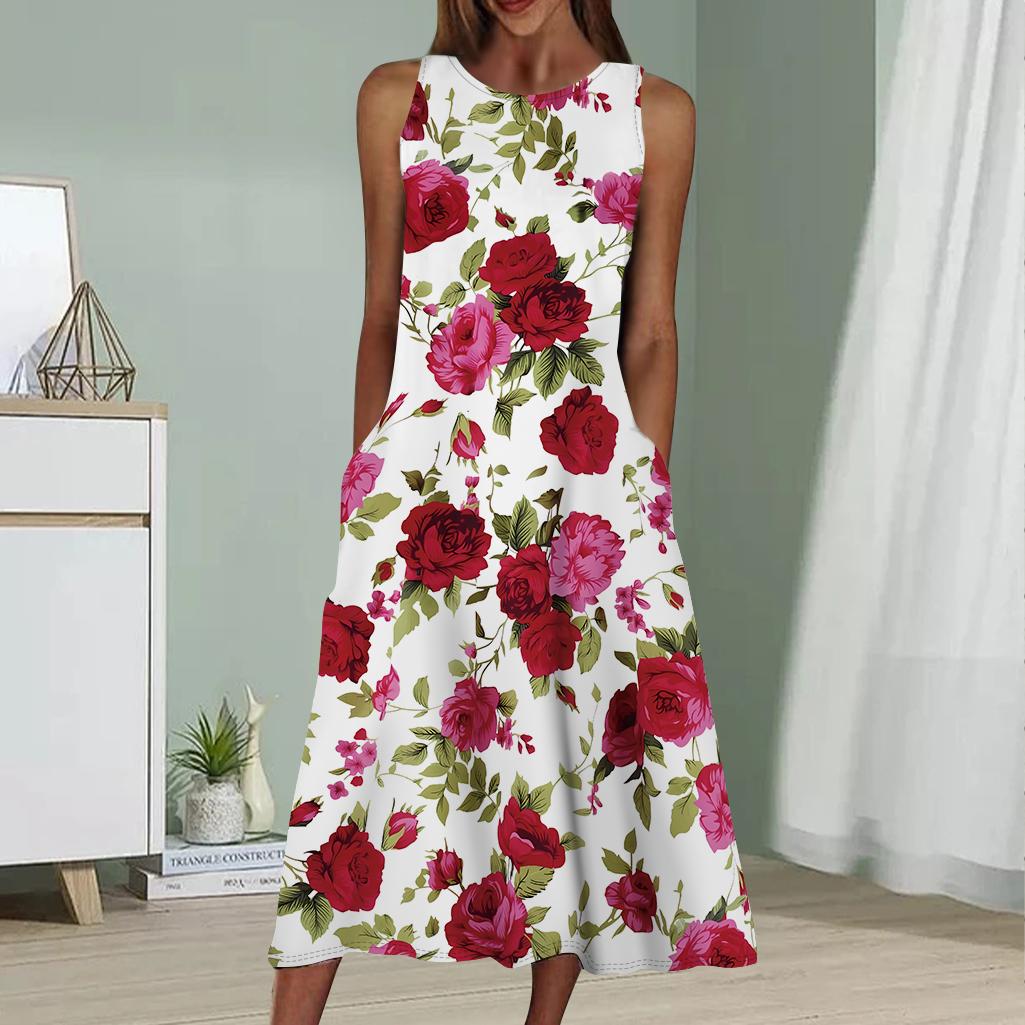 Sommermode Sexy Ärmelloses Kleid Weiches Lässiges Kleid mit 3D-Rosengarten-Print Ärmelloses Sling-Kleid XXL weiß