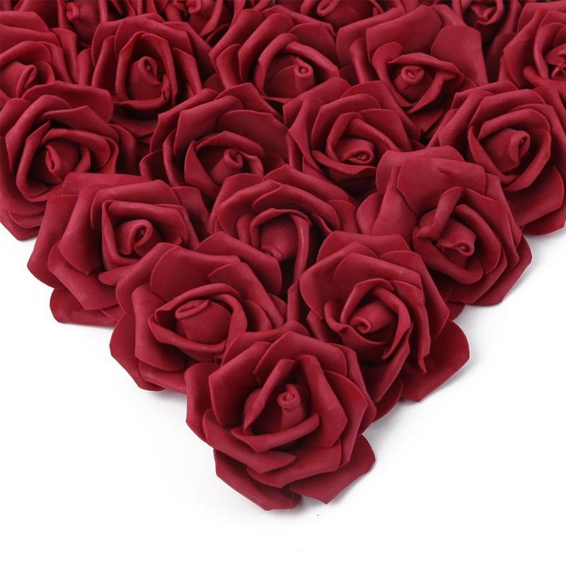 100 Stück echt aussehende künstliche Rosenblütenköpfe aus Schaumstoff, künstliche Rosen für DIY Hochzeit, Babyparty, Tafelaufsätze, Arrangements, Partytische, Heimdekorationen wein rot