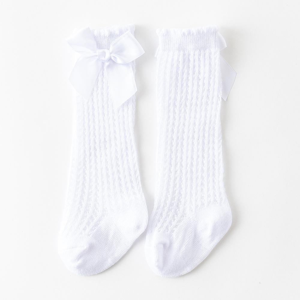 Sommer Baby Mädchen Socken Nette Große Bögen Weiche Baumwolle Elastische Einfarbig Mesh Neugeborenen Socken Kniehohe Lange Kleinkind Mädchen socken 0-12 months weiß